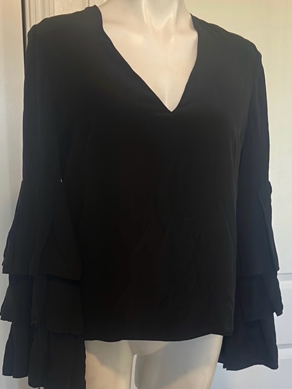 Alexis Black Silk V-Neck Blouse Tiered Layered Bell Sleeves|Size M | Retail $384 - Picture 4 of 9